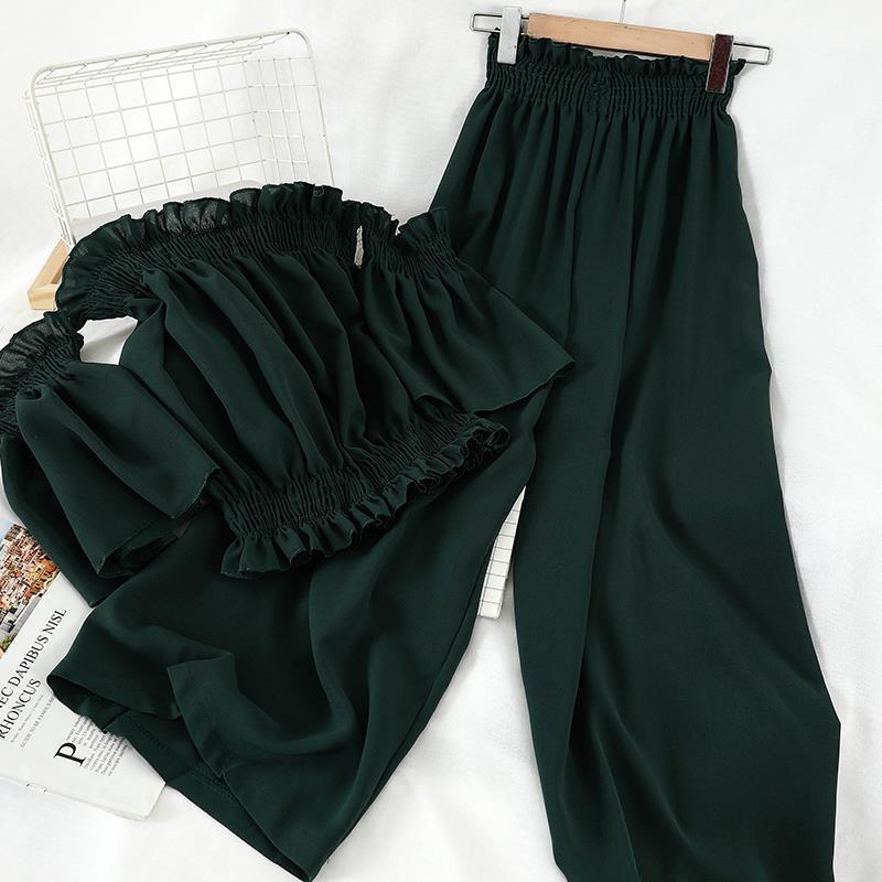 Women’s Chic Off-Shoulder Top & Elastic Waist Pants Set CJ Dropshipping 2pc. Off Shoulder Solid Top and Pants Se