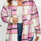 Plaid Button Up Long Sleeve Shacket Pink 95%Polyester+5%Spandex Bazaare Mart Outerwear/Plaid Shackets