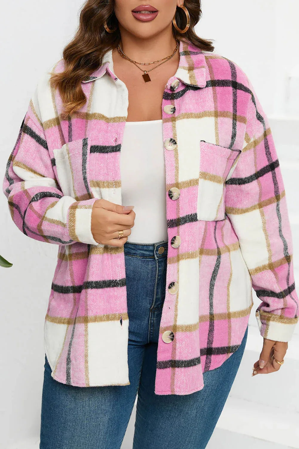 Plaid Button Up Long Sleeve Shacket Pink 95%Polyester+5%Spandex