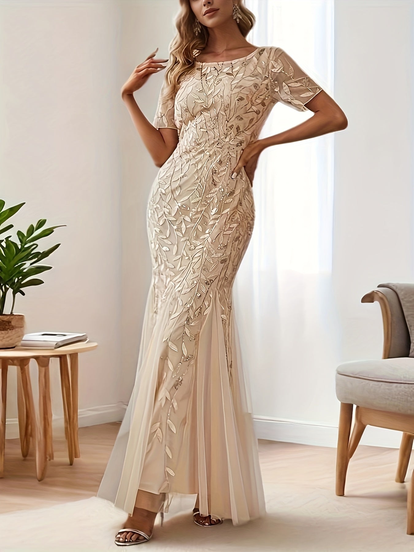 Sheer Floral Short Sleeve Evening Gown
