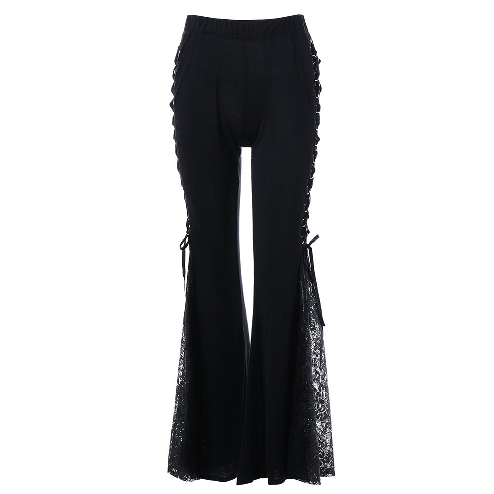 Women’s Black Flared Pants with Lace Trim – Elegant High-Stretch Commuter CJ Dropshipping Lace Trim Flared Pants
