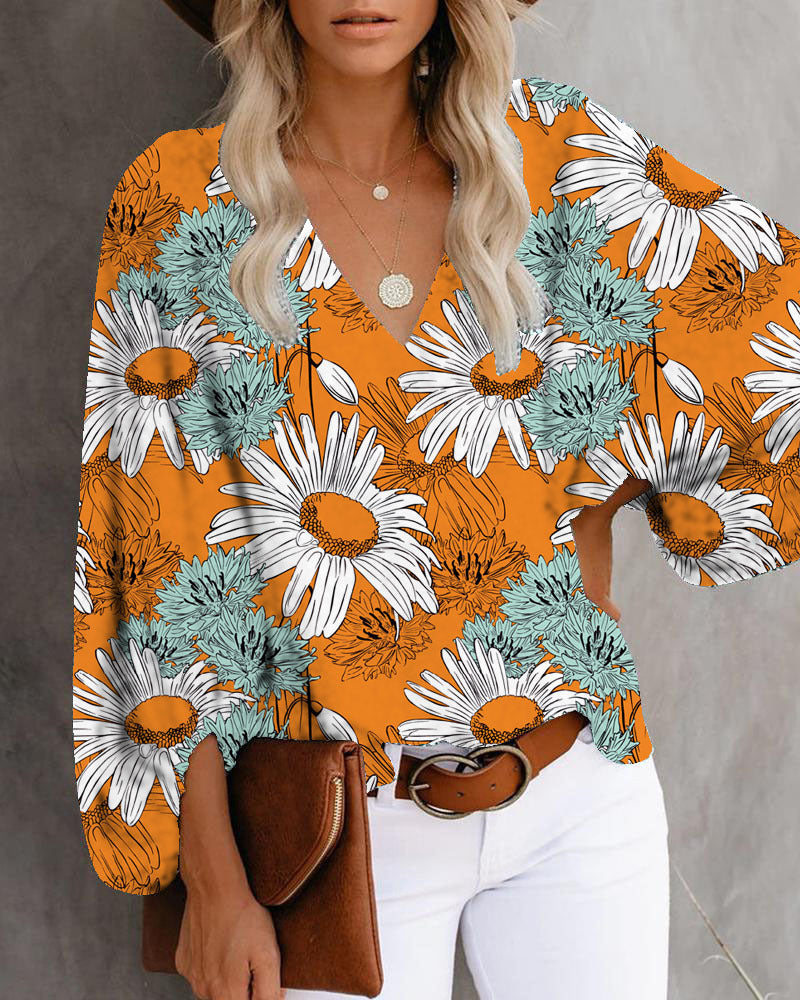 V-Neck Balloon Sleeve Floral Tops