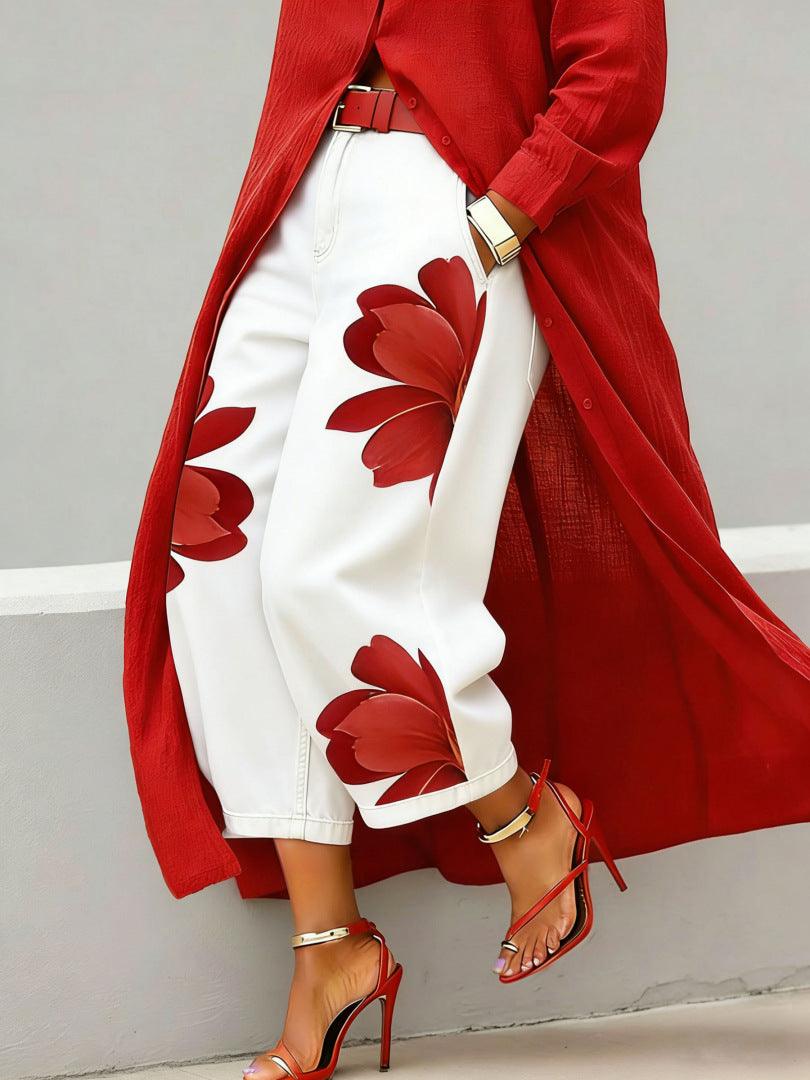 Women’s Loose Wide-Leg Printed Trousers – Comfortable Elegant Casual Pants White CJ Dropshipping Wide Leg Painted Floral Jeans