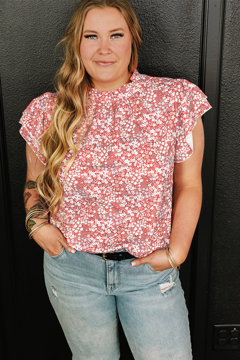 Pink Floral Ruffled Sleeve Frilled Neck Blouse