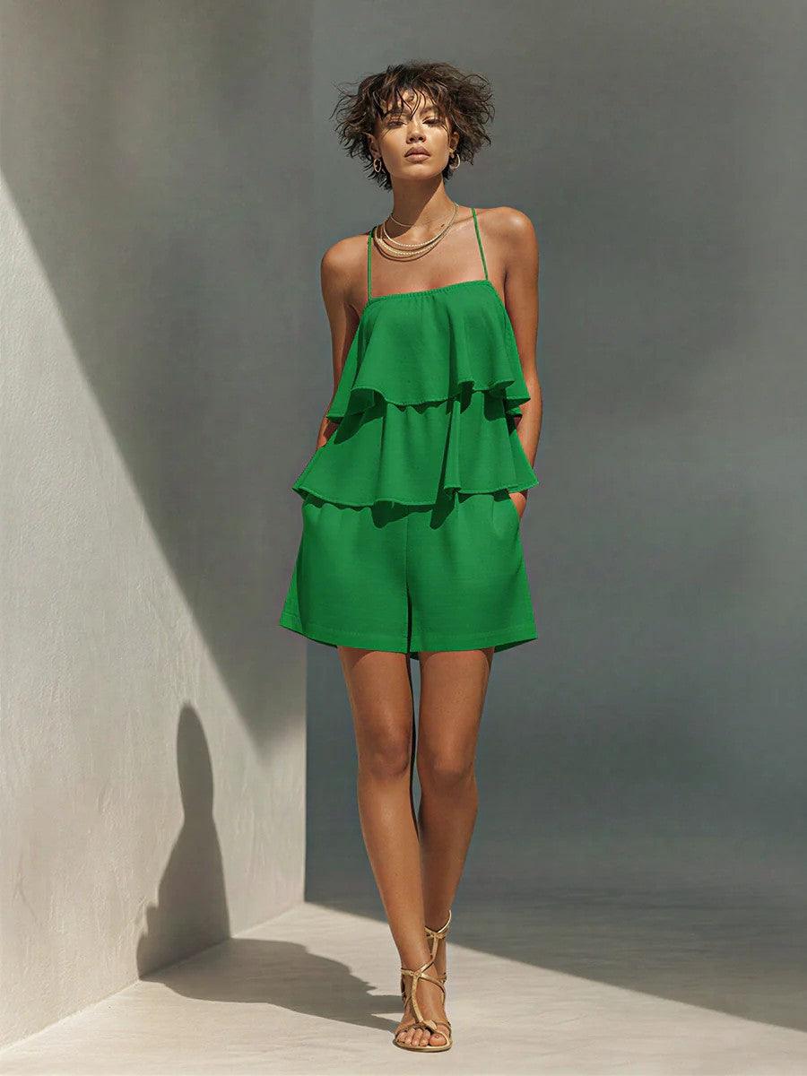 Women’s Ruffle Camisole & Shorts Two-Piece Set Green CJ Dropshipping Ruffled Camisol Shorts Set