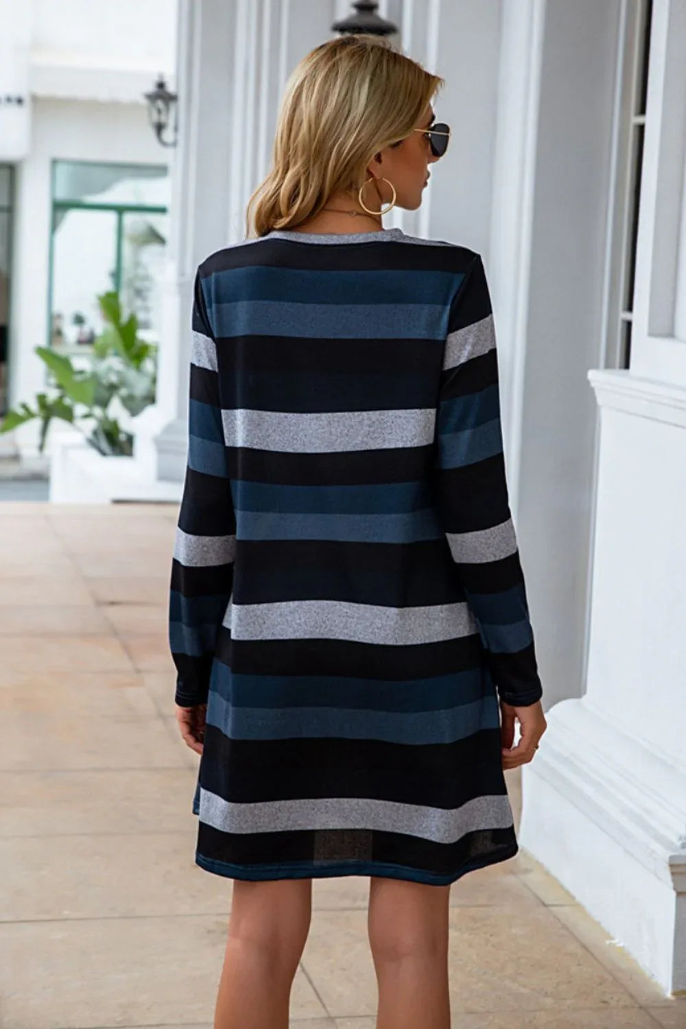 Striped Round Neck Long Sleeve Dress Bazaare Mart Striped Round Neck Long Sleeve Dress