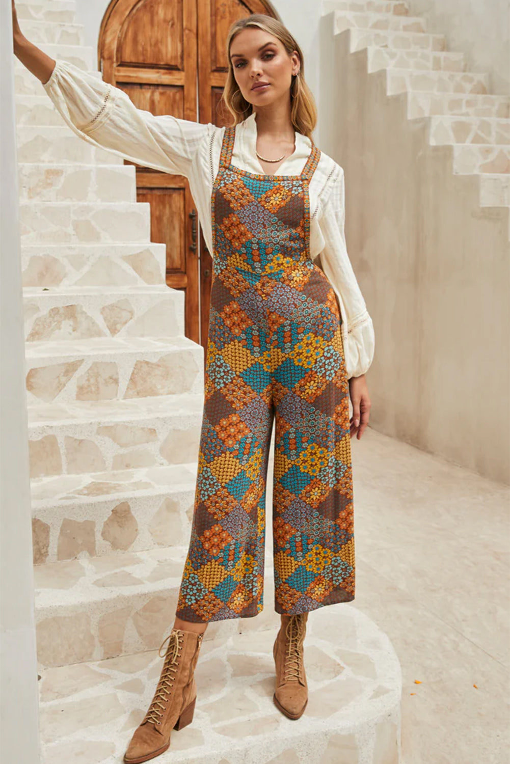 Multicolor Patchwork Capris Overalls