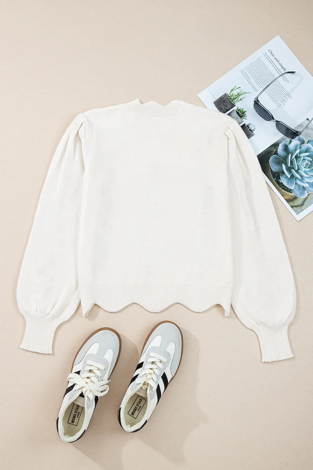White Floral Embroidered Scallop Hem Cropped Sweater Bazaare Mart Sweaters & Cardigans/Sweaters