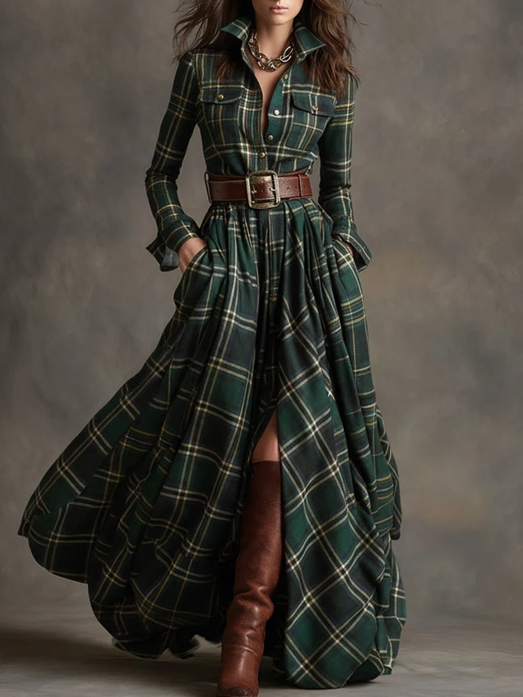 Plaid Long Sleeve Button Up Maxi Dress