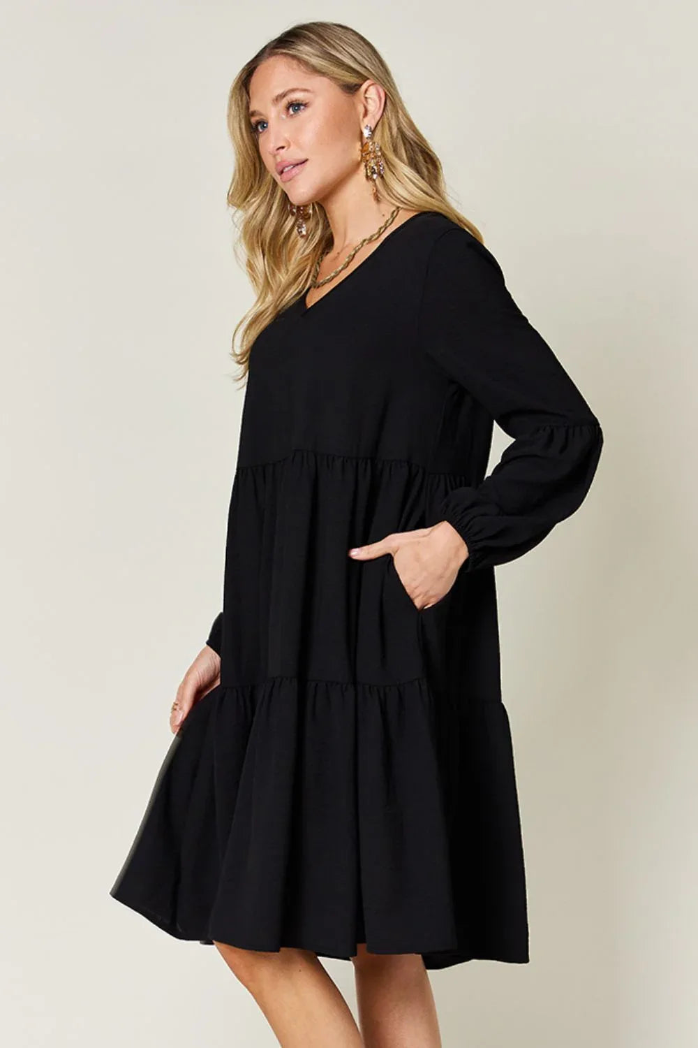 Solid V-Neck Long Balloon Sleeve Tiered Dress Bazaare Mart Long Sleeve Layered Dress