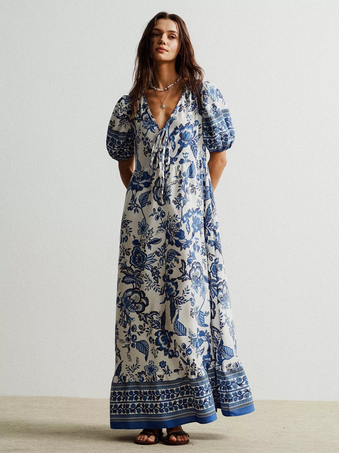Blue Floral V-Neck Puff Half Sleeve Maxi Bazaare Mart Floral Print Tie-Neck Puff Sleeve Maxi Dress
