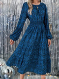 Printed Round Neck Balloon Sleeve Dress Blue Trendsi Long Sleeve Printed Midi Dress