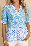 Sky Blue Boho Floral Geometric Patchwork Short Puff Sleeve Babydoll Blouse