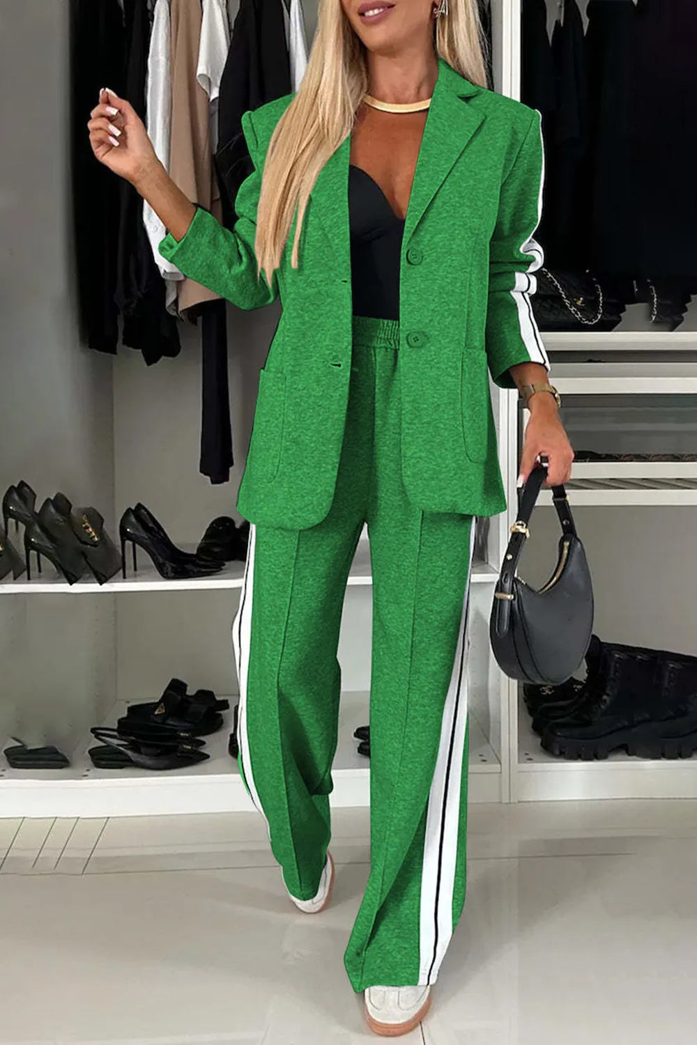 Green Knit Racing Stripes Pants Suits