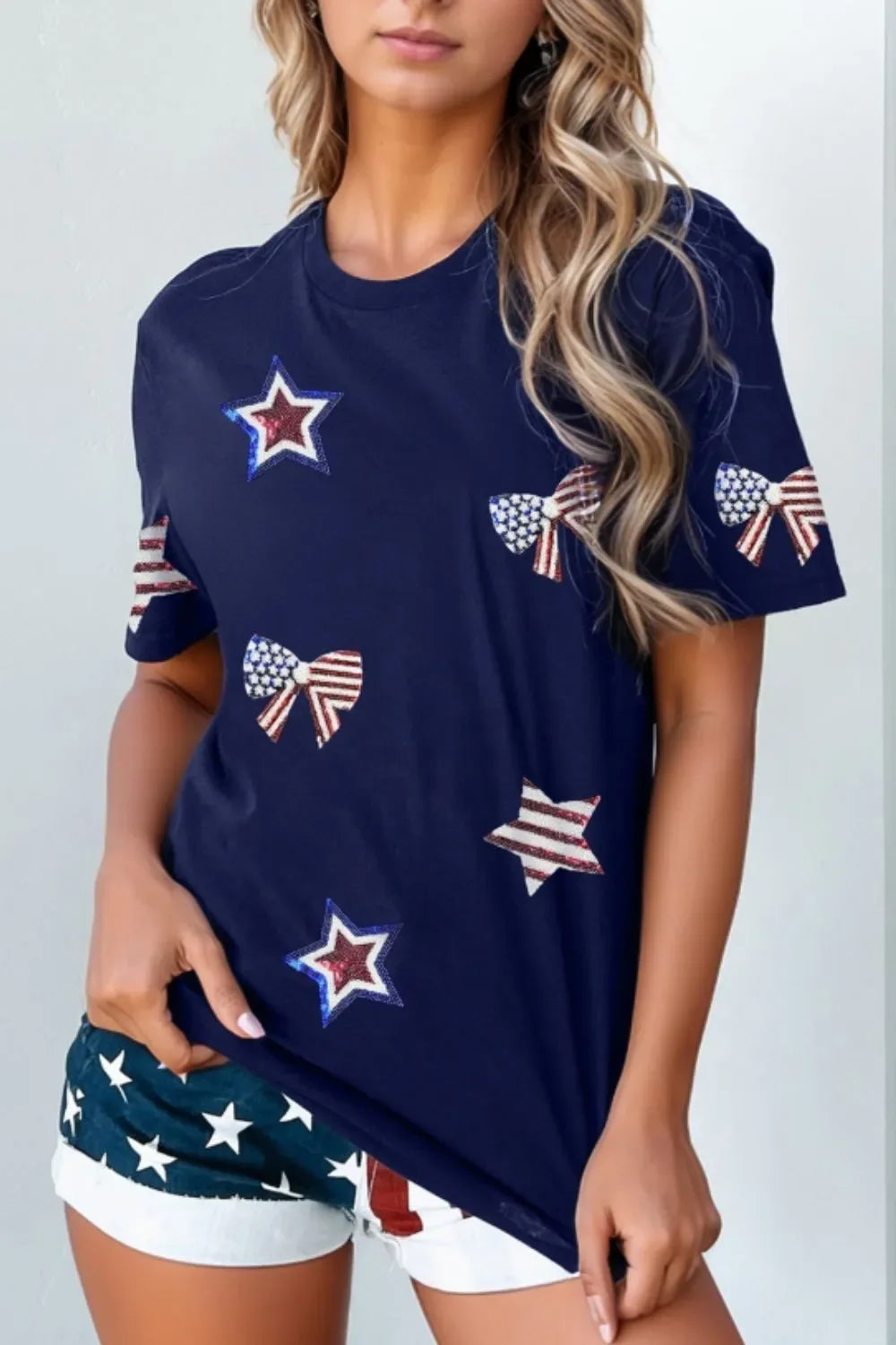Sequin Star Round Neck Short Sleeve T-Shirt Bazaare Mart Sequin Star Round Neck Short Sleeve T-Shirt