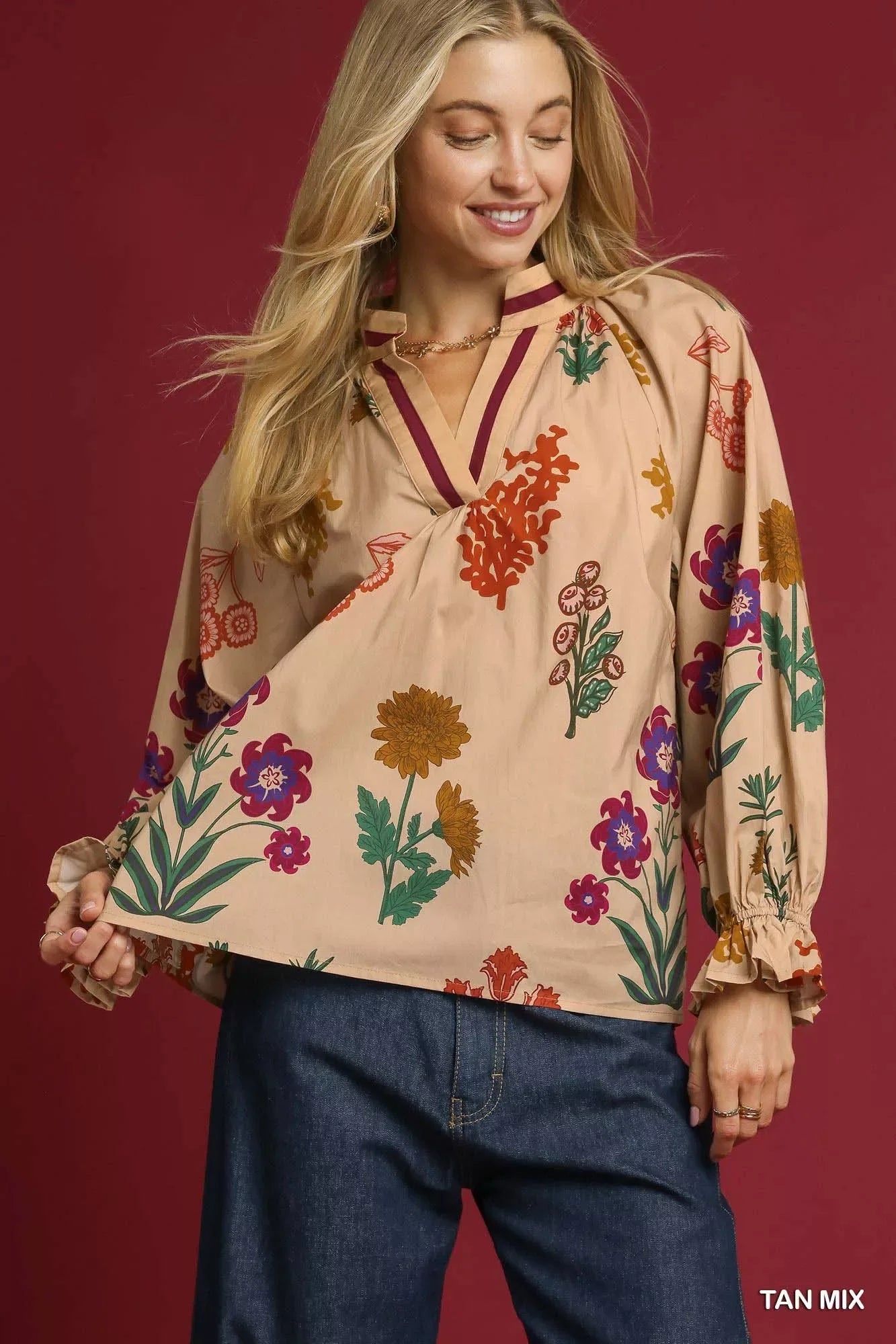 Umgee Floral Print Flounce Sleeve Blouse Trendsi Umgee Floral Print Flounce Sleeve Blouse