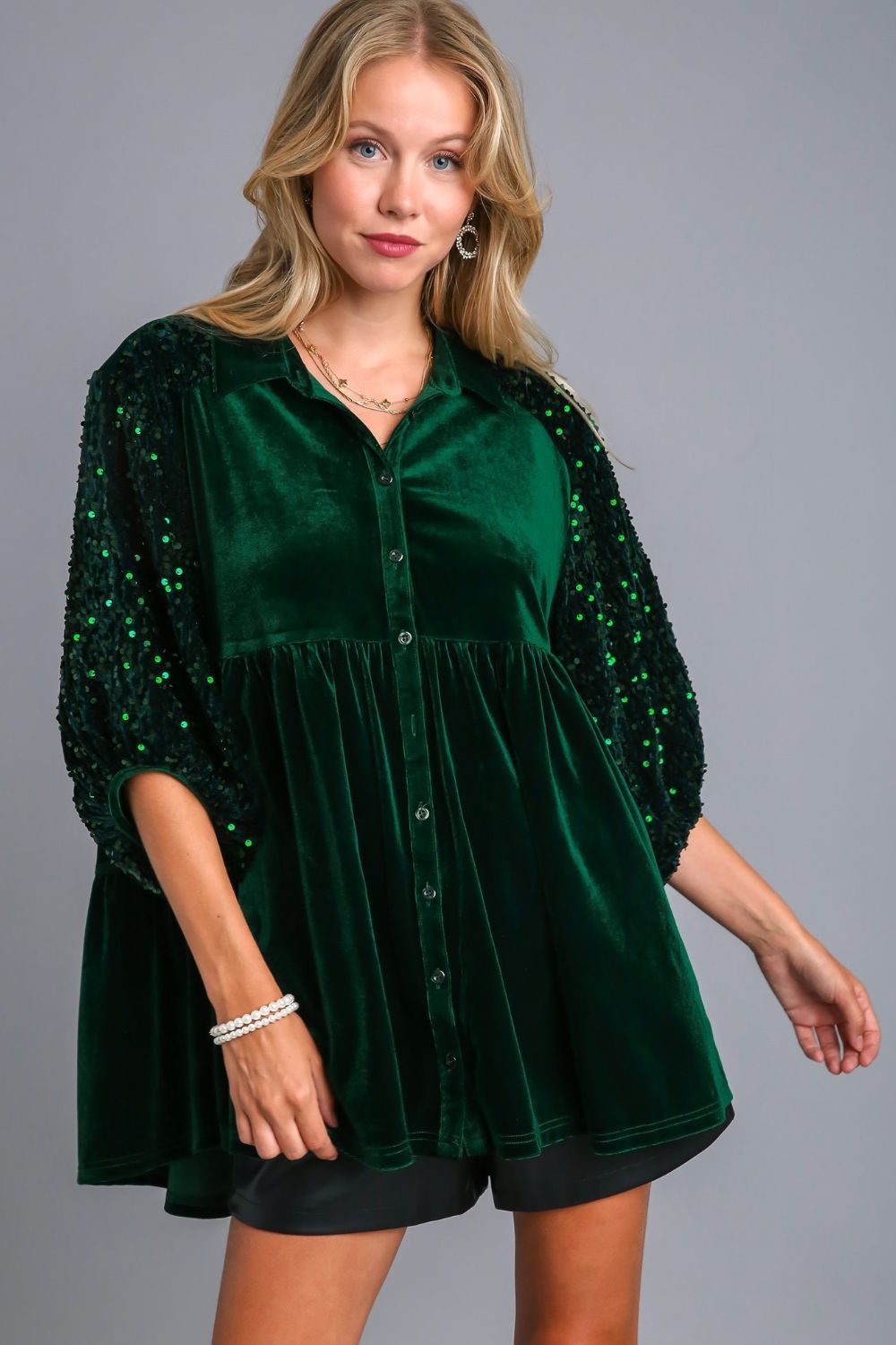 Umgee Sequin Detail Tiered Back Half Sleeve Green Velvet Shirt