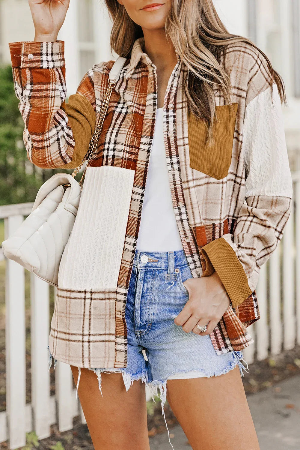Orange Plaid Color Block Patchwork Shacket with Pocket Bazaare Mart Outerwear/Plaid Shackets