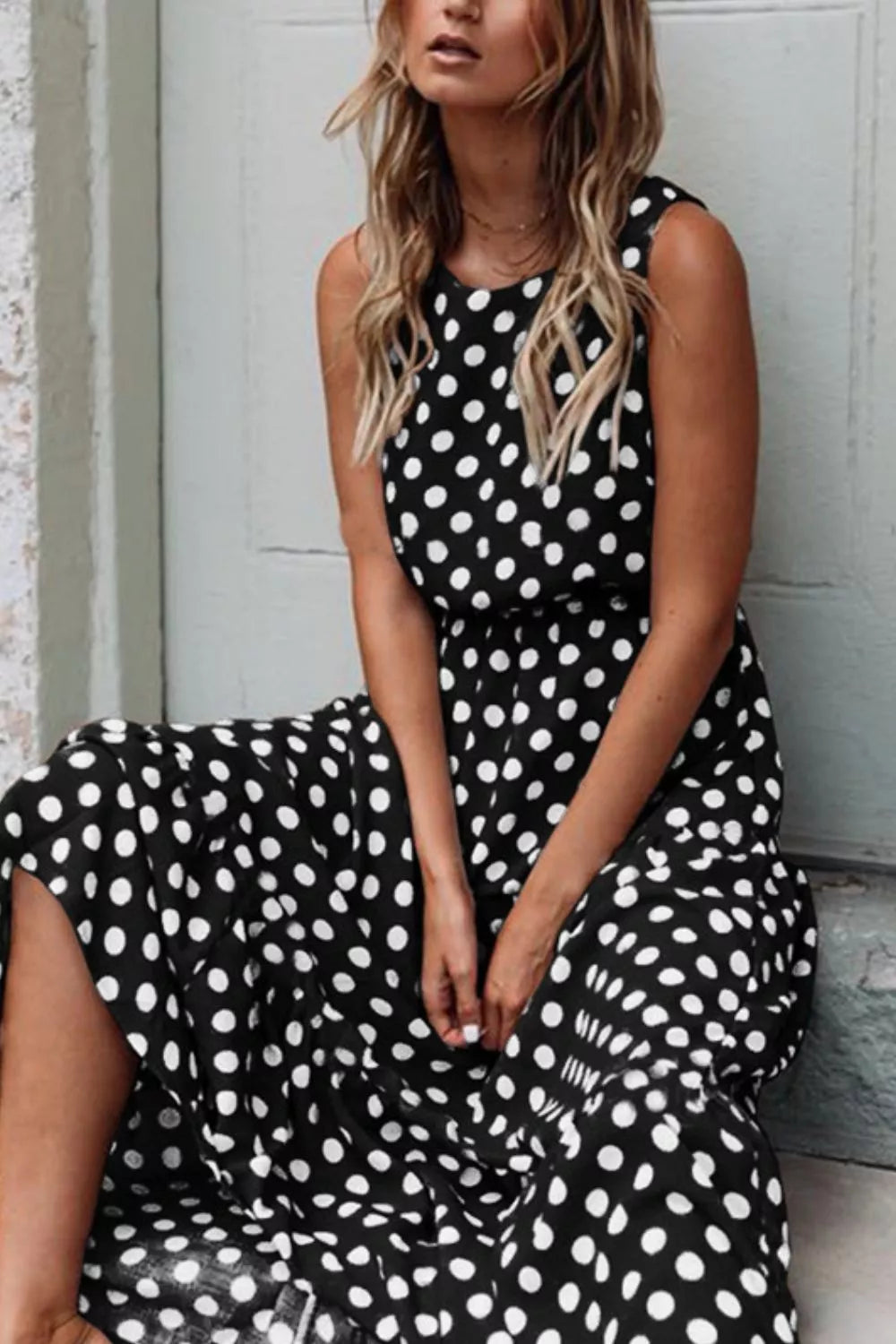 Sleeveless Polka Dot Casual Dress Black Bazaare Mart Sleeveless Polka Dot Casual Dress