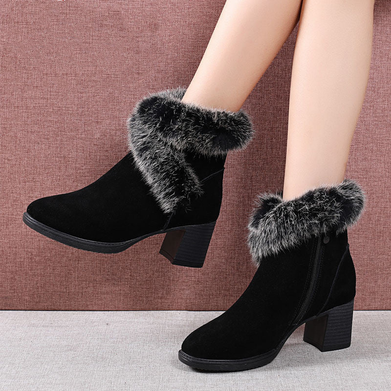 Furry Velvet Block Heel Booties