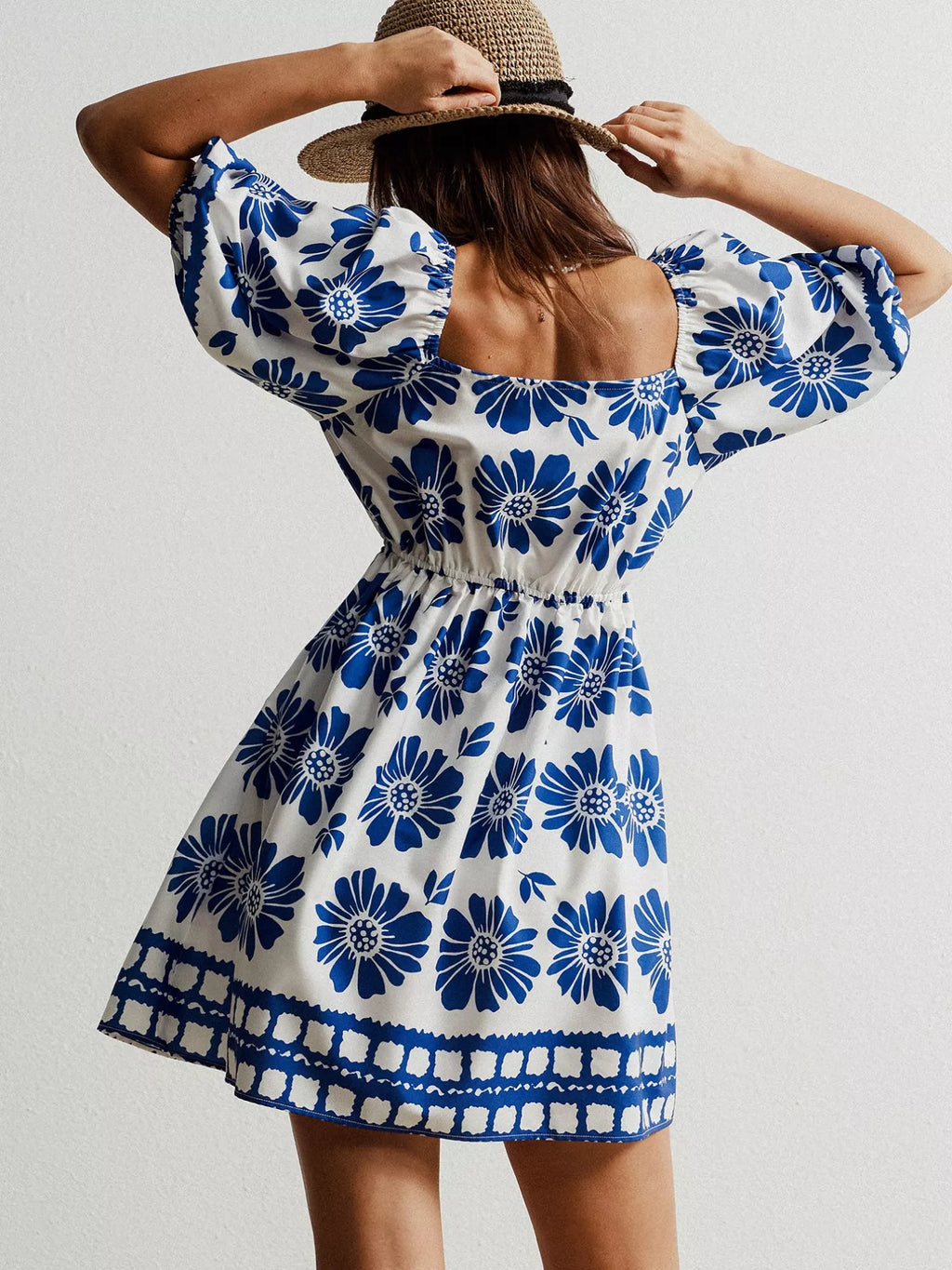 Blue Floral Print Puff Sleeve Mini Dress Bazaare Mart Floral Print Puff Sleeve Mini Dress