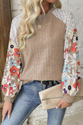 Parchment Floral Patchwork Long Sleeve Ribbed Blouse Parchment 97%Polyester+3%Elastane Bazaare Mart Tops/Blouses & Shirts