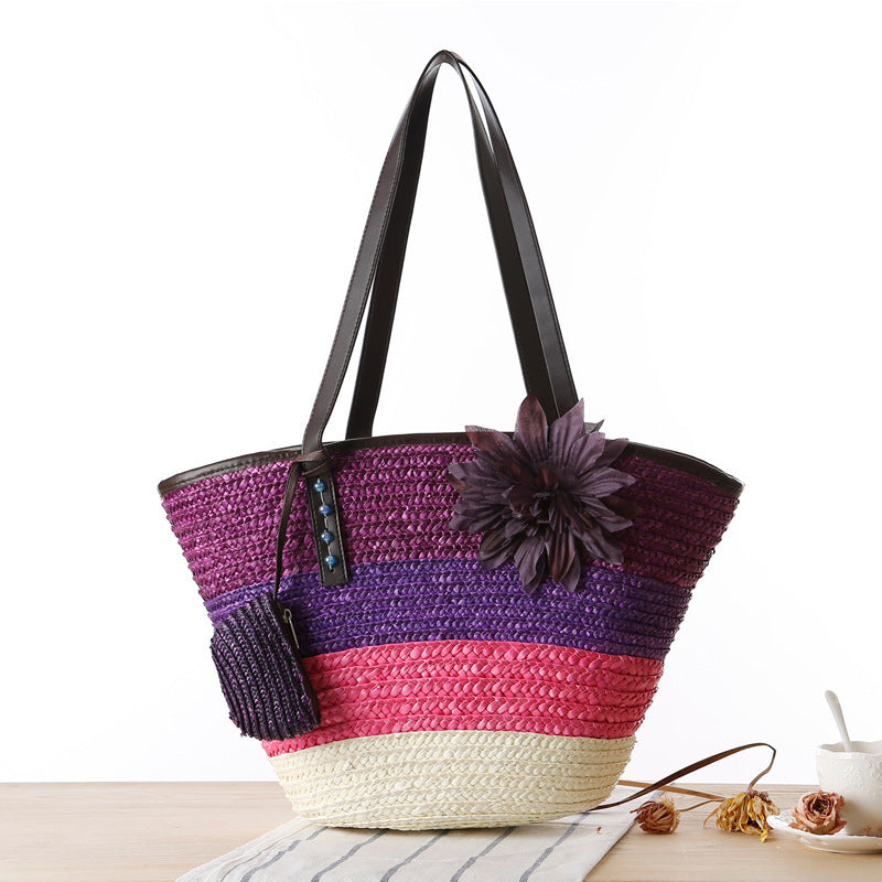 Purple Striped Straw Beach Bag