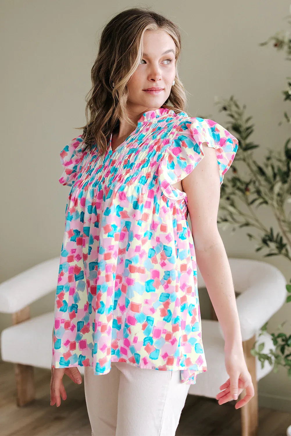 Shirred Yoke Ruffled Confetti Top Bazaare Mart Tops/Blouses & Shirts