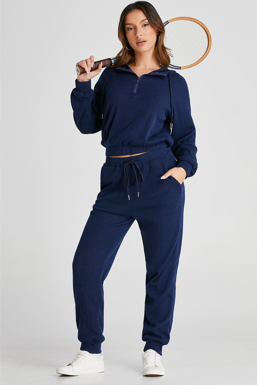 Navy Ribbed Knit Cropped Hoodie Joggers Set