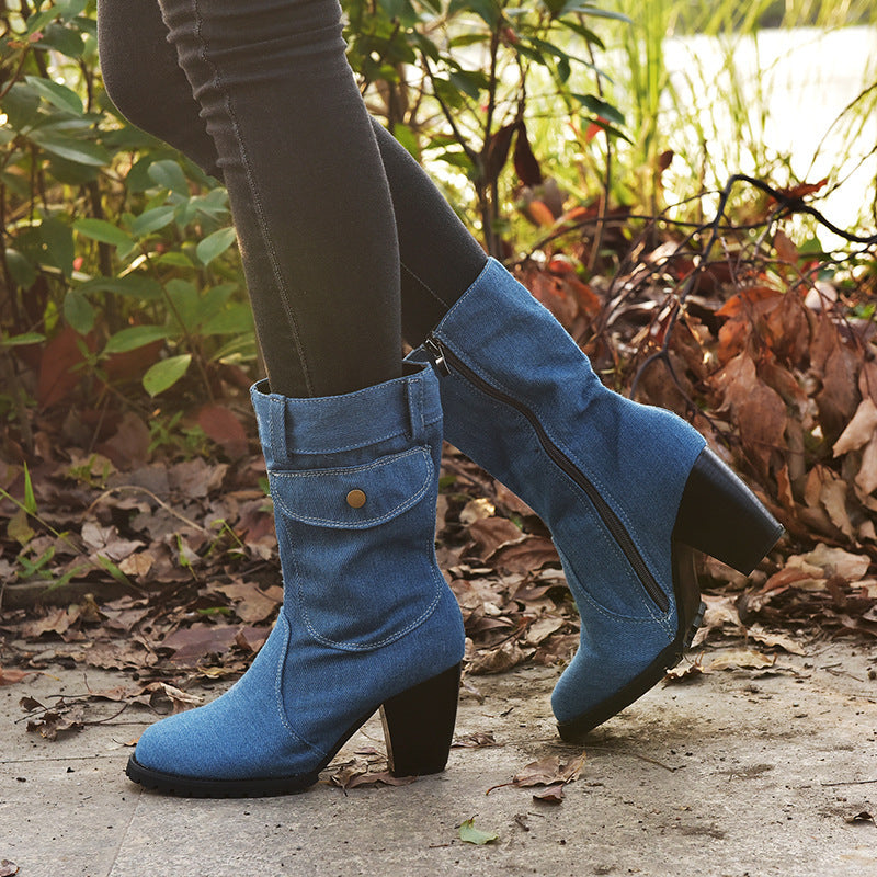 Block Heel Denim Mid Tube Women Boots