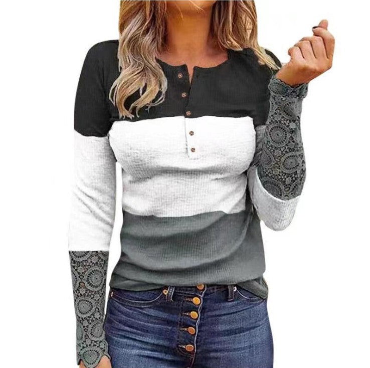 Color Block Long Sleeved Slim Fit Henley