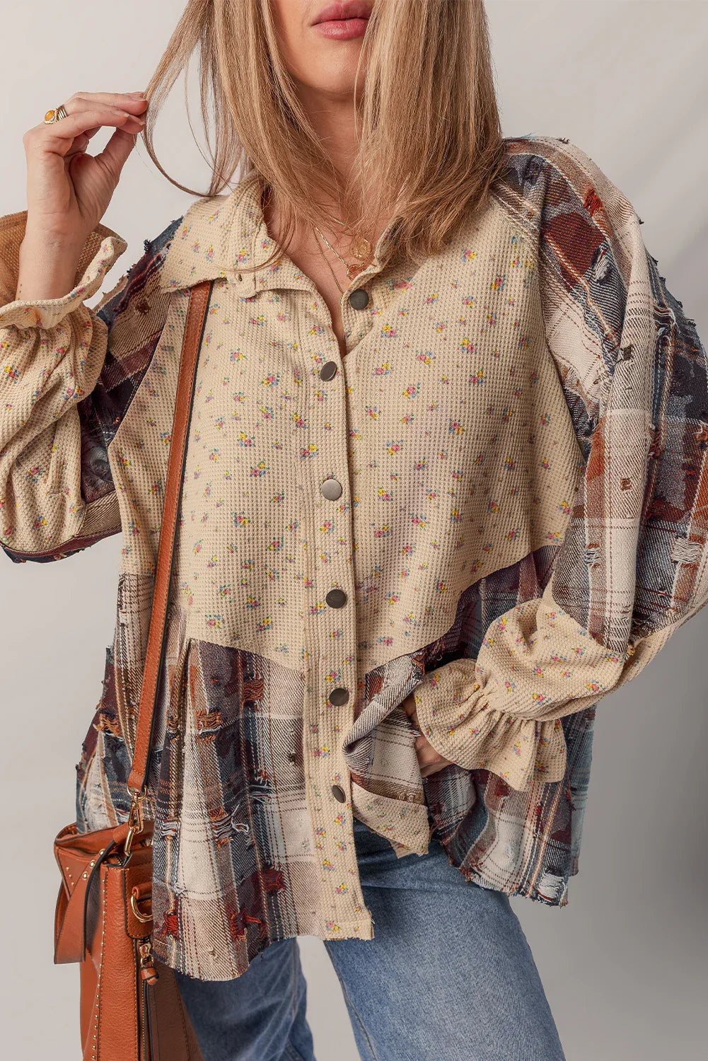 Corduroy Boho Floral Patchwork Distressed Detail Ruffled Sleeve Blouse Bazaare Mart Outerwear/Plaid Shackets