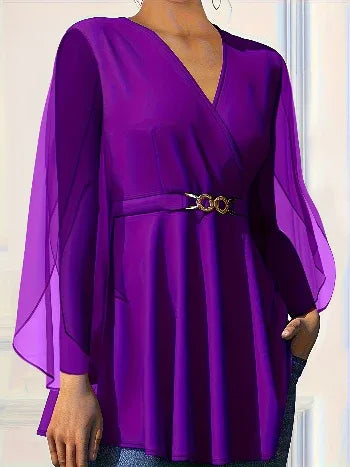 Chiffon V-Neck Peplum Blouse Bazaare Mart Plus Size/Plus Size Tops/Plus Size Blouses & Shirts