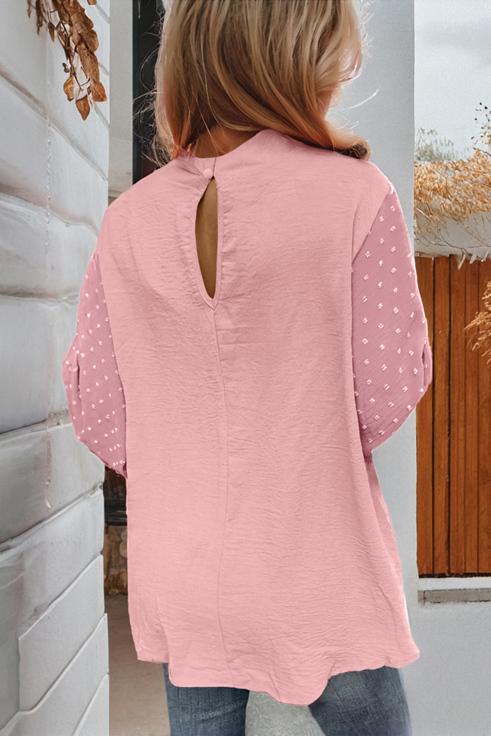 Pink Swiss Dot Balloon Sleeve Blouse