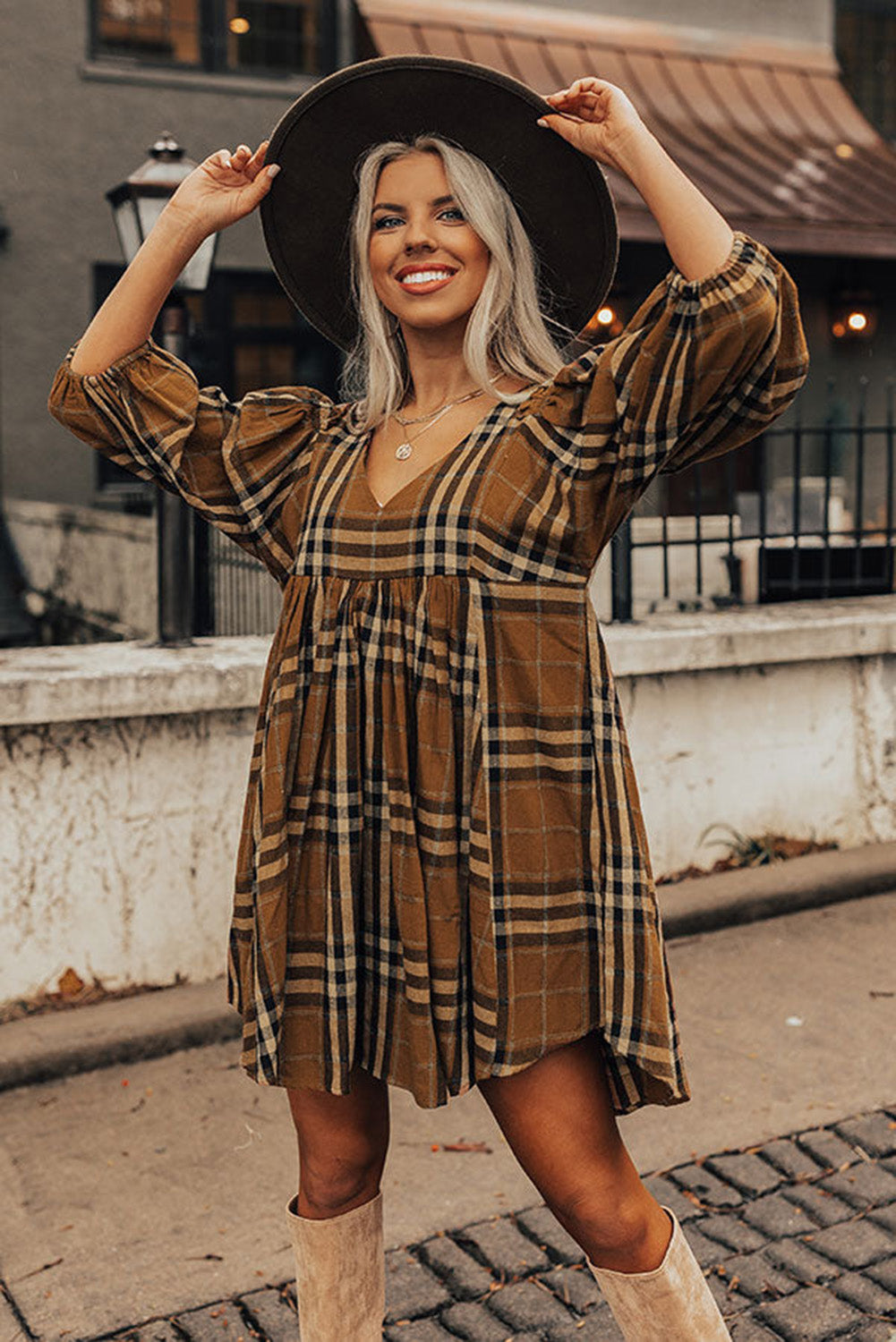 Brown Plaid Plus Size A Line Dress