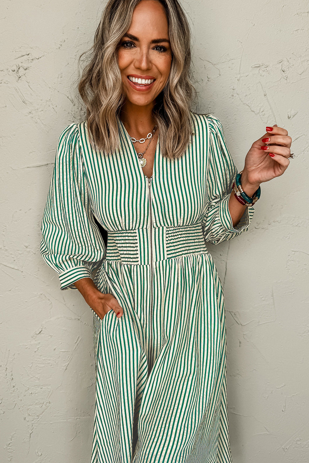 Green Striped V Neck Zip Midi Dress