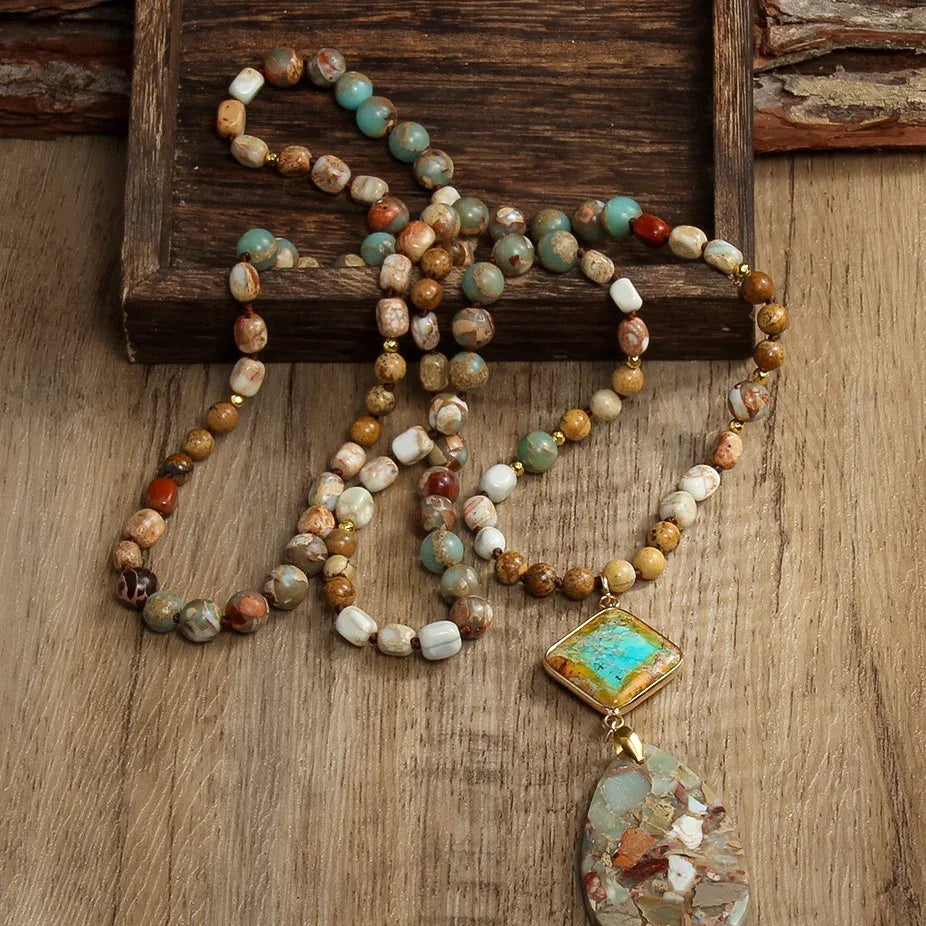 Long Boho Stone Drop Pendant Necklace