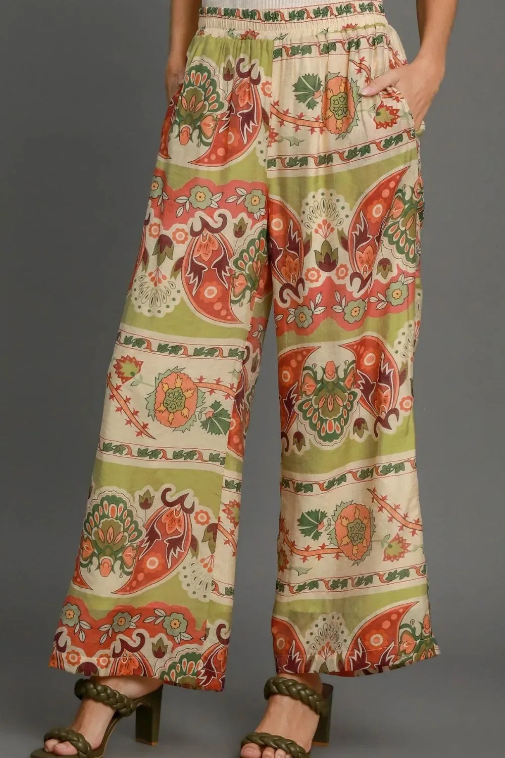 Umgee Wide Leg Border Print Pants GREEN MIX Bazarre Mart Umgee Full Size Wide Leg Border Print Pants