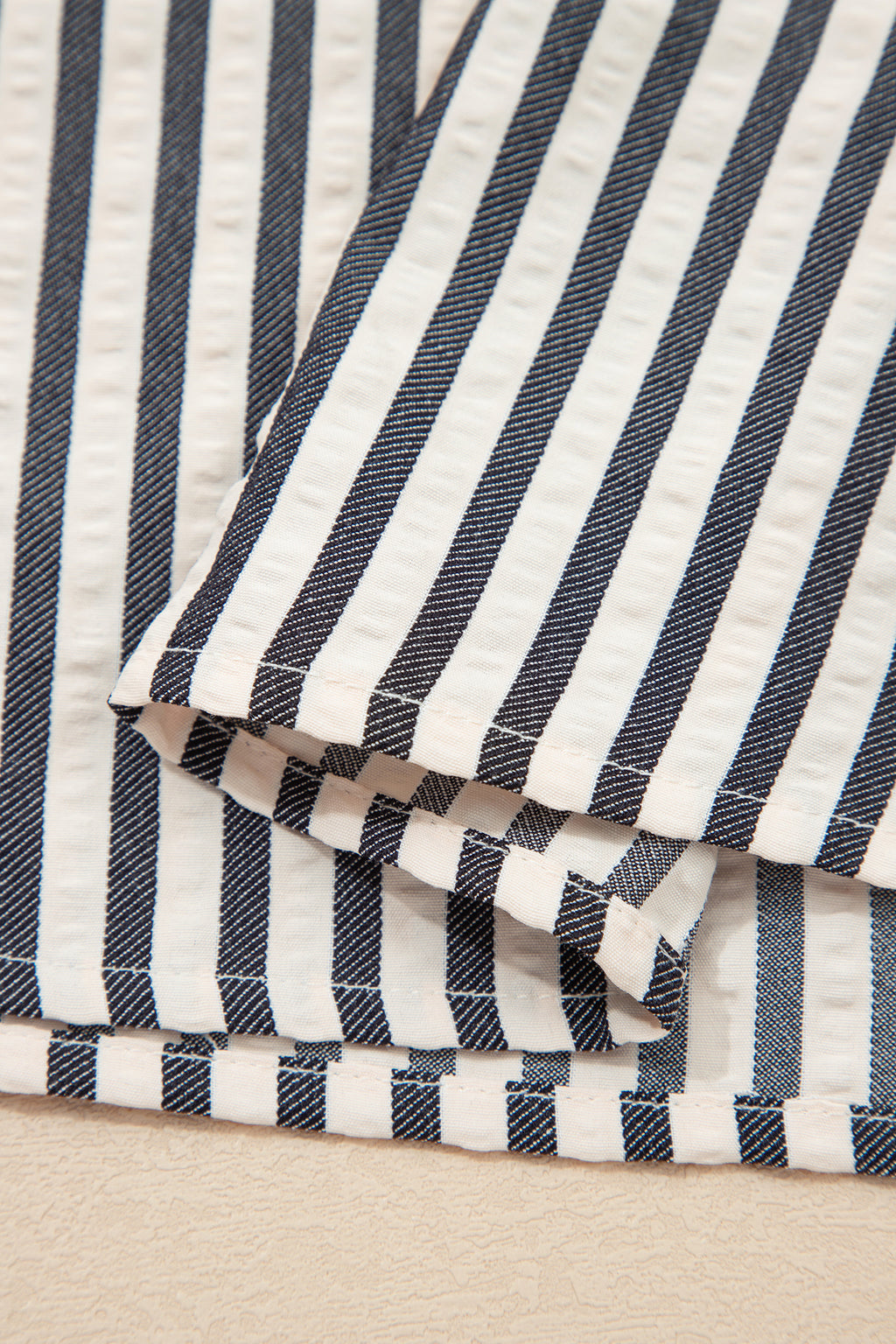 B&W Stripe Polo Collar Half Zip Short Puff Sleeve Blouse Bazaare Mart Tops/Blouses & Shirts