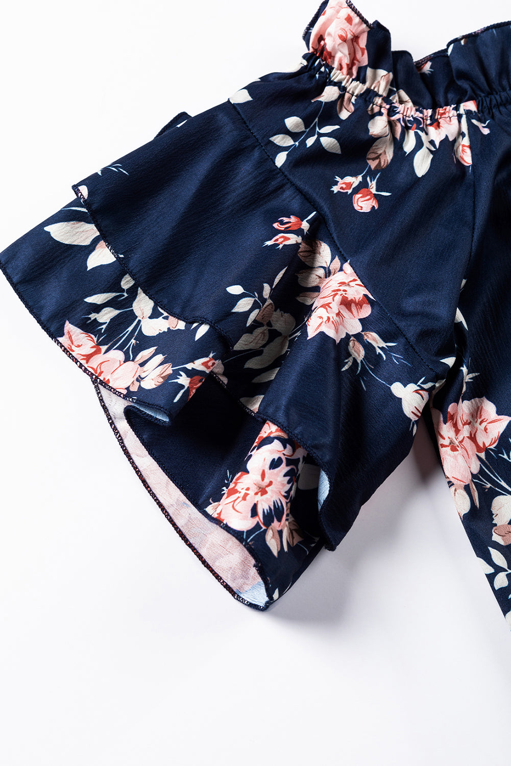 Navy Off Shoulder Flounce Sleeve Floral Blouse