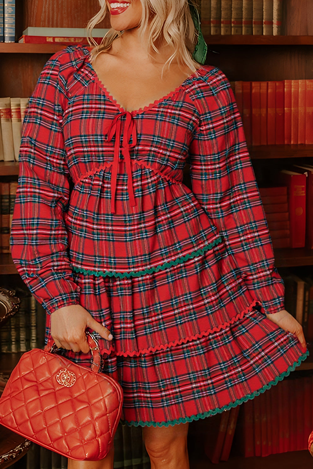 Red Plaid Print Ricrac Tiered Bubble Sleeve Mini Dress Bazaare Mart Dresses/Mini Dresses