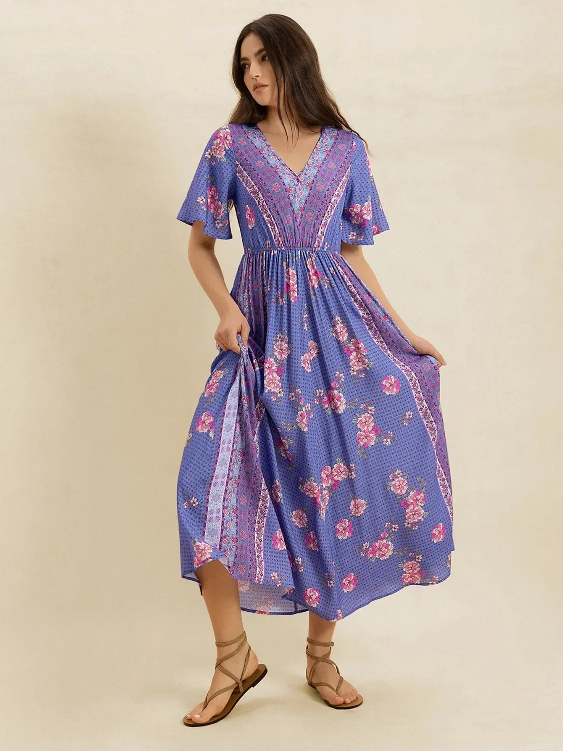 Printed Short Sleeve Midi Dress Bazarre Mart Purple Boho Midi Dress