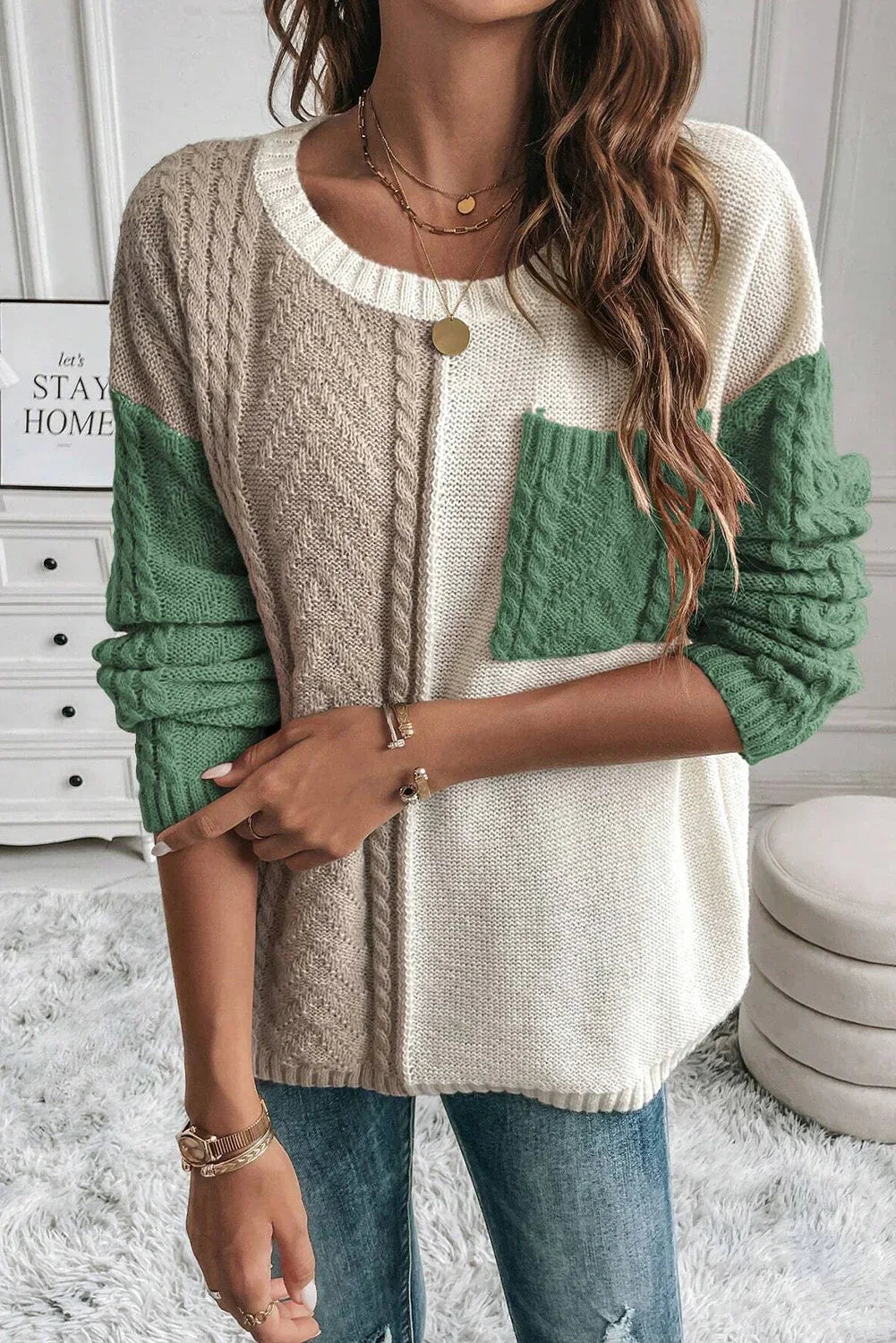 Vineyard Green Colorblock Patched Pocket Drop Shoulder Sweater Bazaare Mart Sweaters & Cardigans/Sweaters