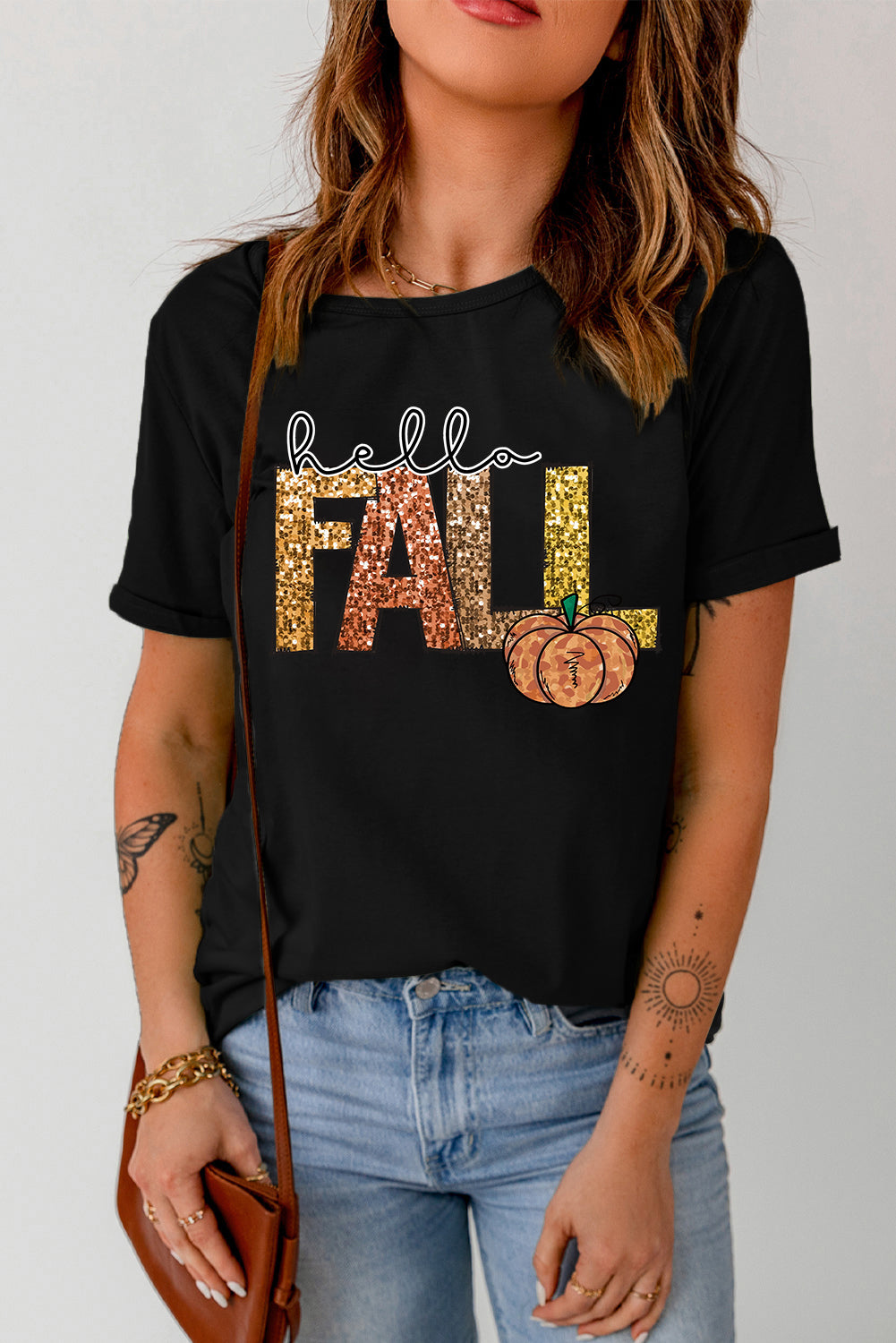 Black Hello Fall Pumpkin Graphic T Shirt
