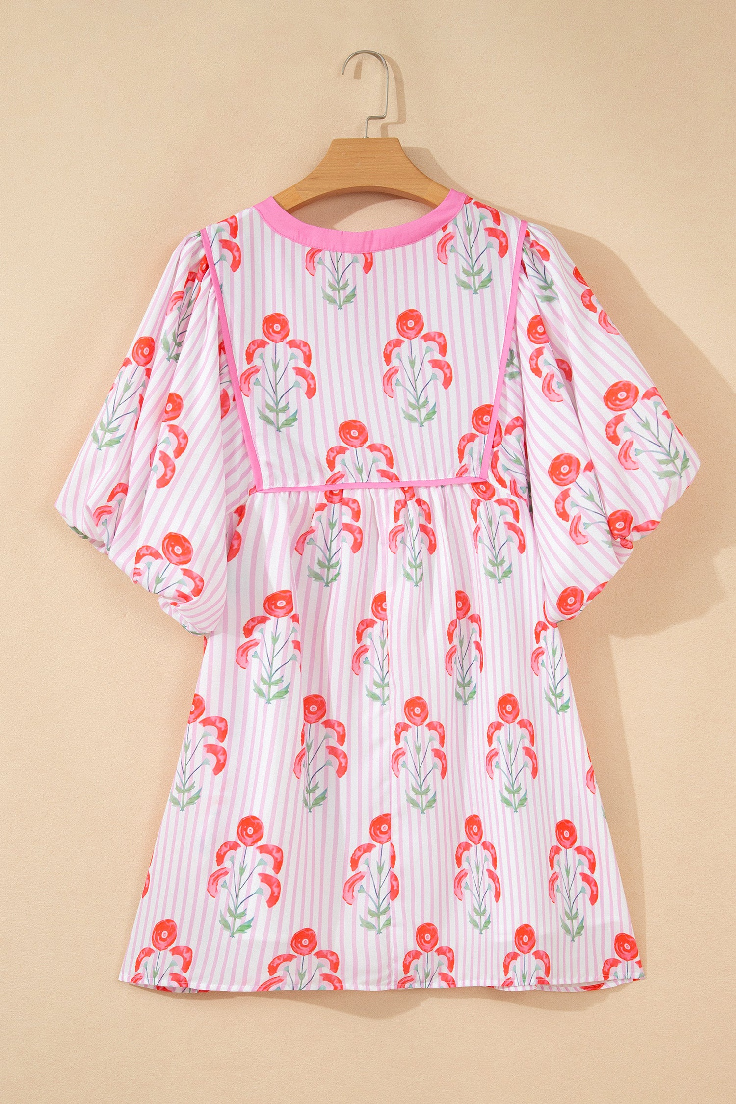 Pink Floral Striped Print Tie Notched Neck Puff Sleeve Flared Mini Dress Dear-Lover Dropshipping Dresses/Floral Dresses