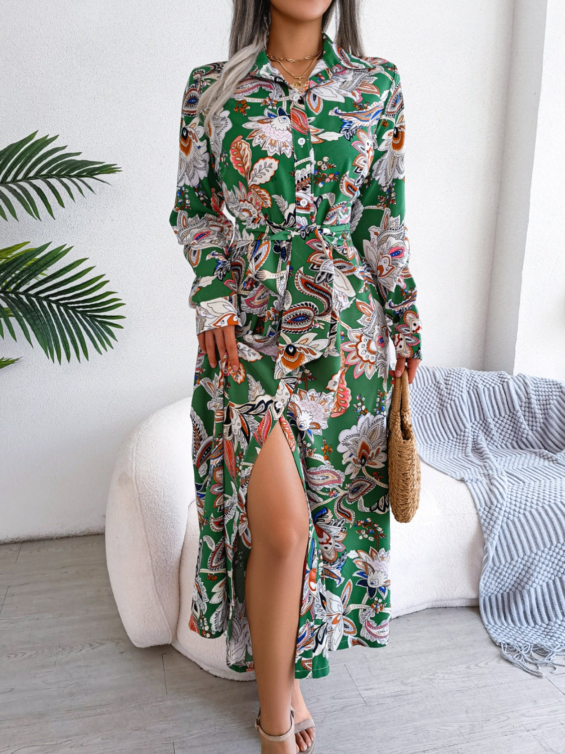 Tied Floral Long Sleeve Midi Dress