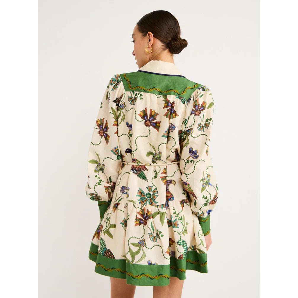 Women’s Floral Print Long Sleeve Mini Dress – Lace-Up Lapel Shirt Dress CJ Dropshipping Classy Green Floral Dress