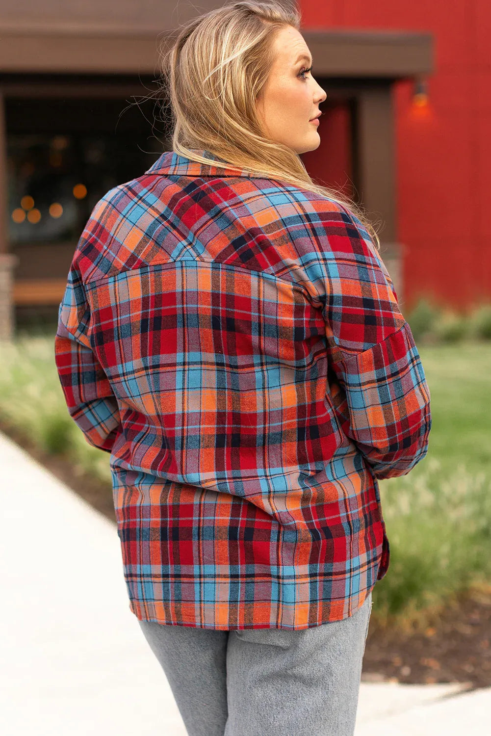 Orange Plus Size Plaid Print Buttoned Shirt Dear-Lover Dropshipping Plus Size/Plus Size Tops/Plus Size Blouses & Shirts