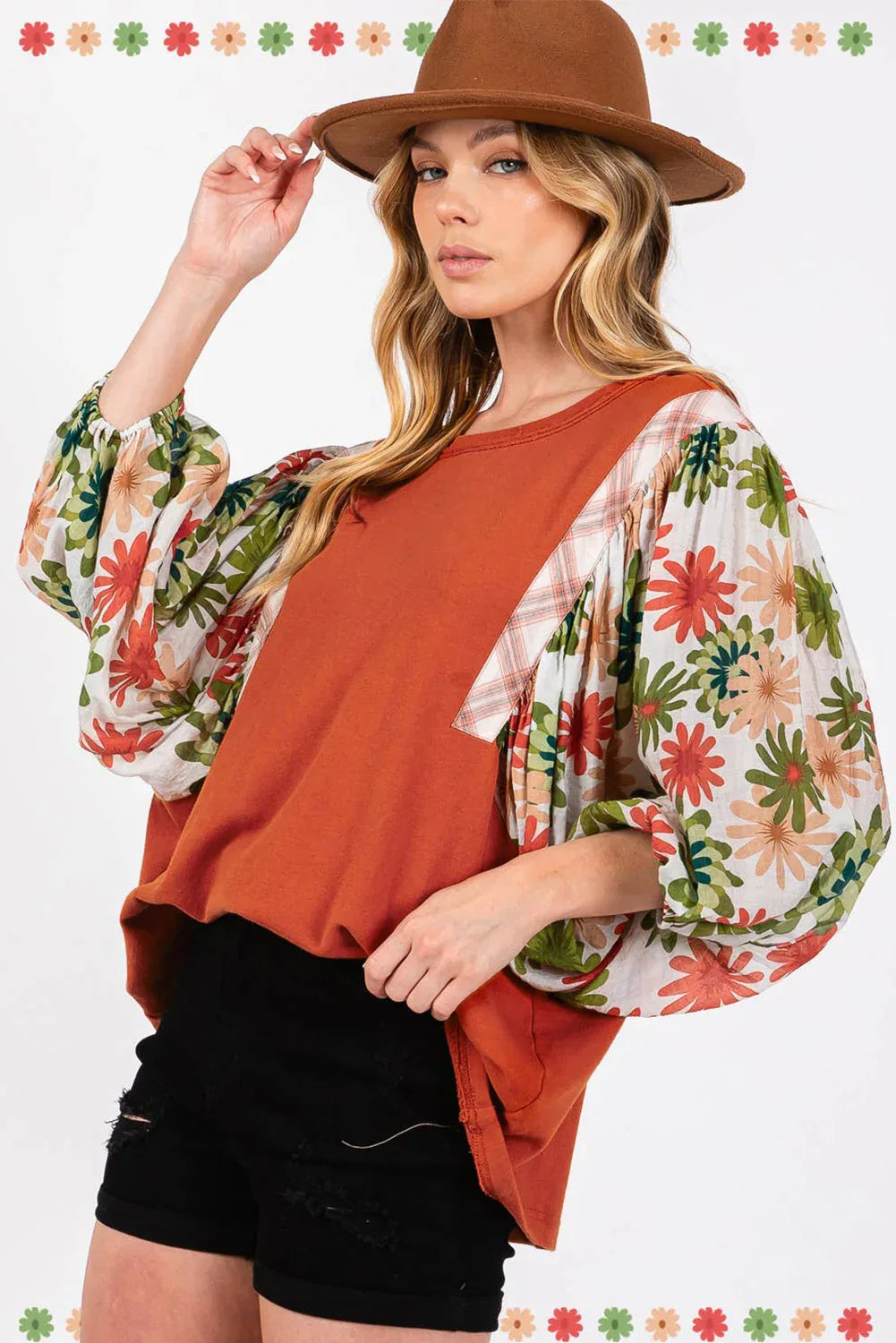 Rust Floral Puff Sleeve Patchwork Blouse Bazaare Mart Tops/Blouses & Shirts