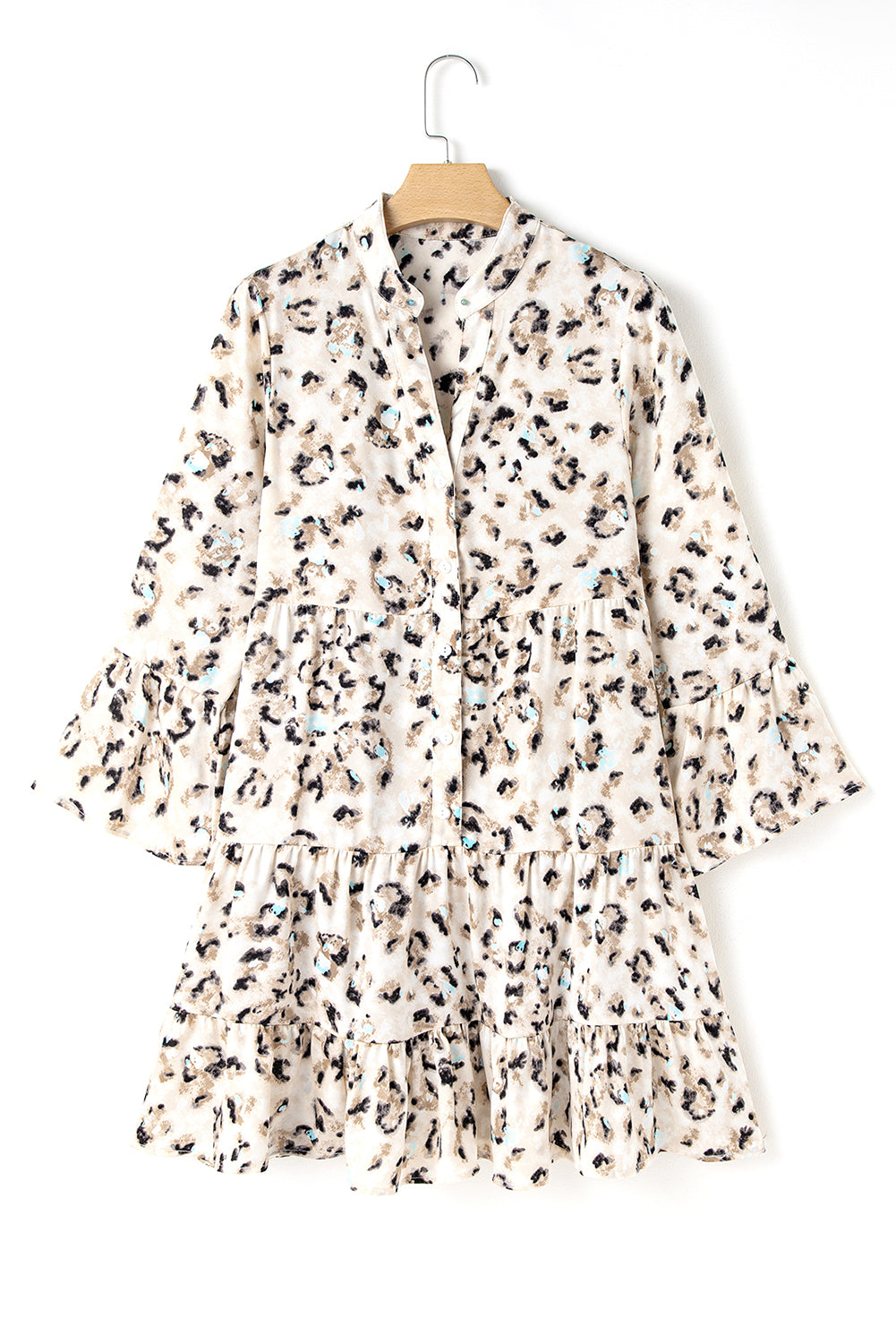 Khaki Leopard Button V Neck Pocket Flowy Mini Dress Shewin Short Dresses